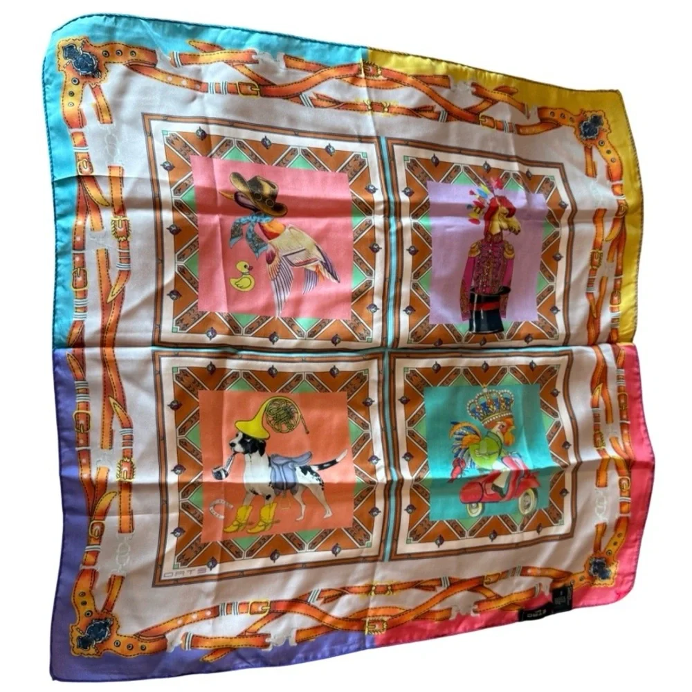 Vintage Rare Etro Dog Cowboy Western 100% Luxury Designer Colorful Silk Scarf OS